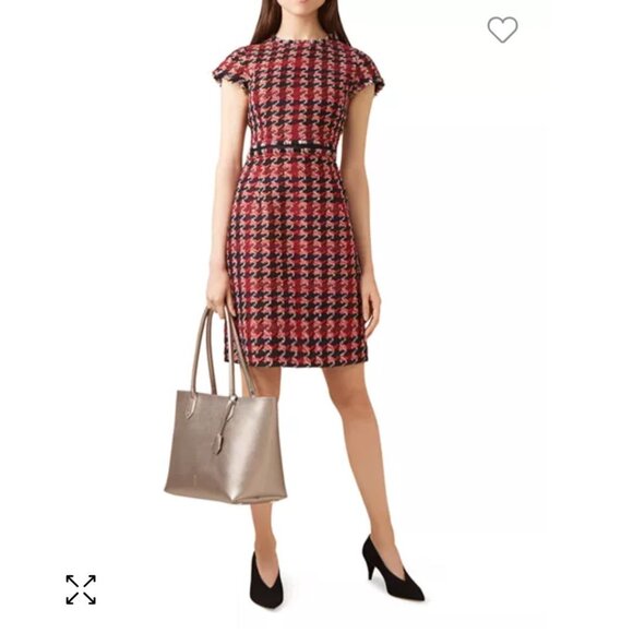 Hobbs London Angeline Italian Tweed Houndstooth Red Black Dress Size 6 - Picture 1 of 7